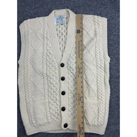 Irish Traditional Sweater Vest Mens Medium White Wool Cable Aran Knit Pockets - Picture 4 of 6